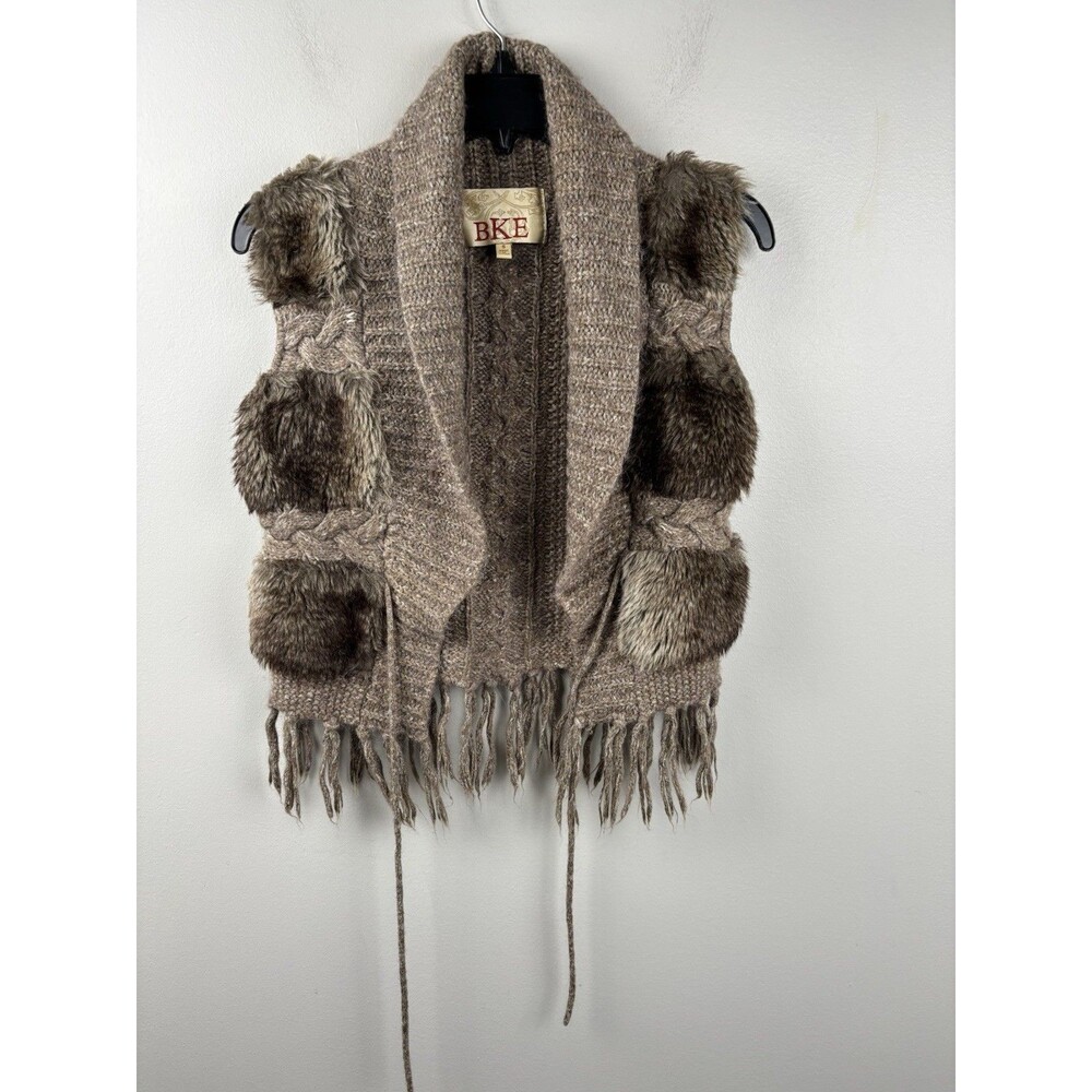 BKE Women's SMALL Faux Fur Vest Sweater Brown Fringe Hippie Boho Chic Country